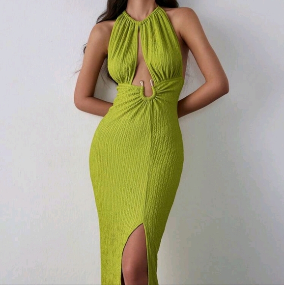 Sexy Solid Color Hollow Backless High Slit Halter Neck Dress - Picture 1 of 5